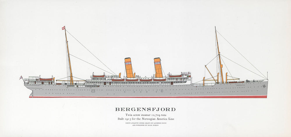 Bergensfjord ocean liner 1913. Norwegian America Line. Later Aliya 1961 print