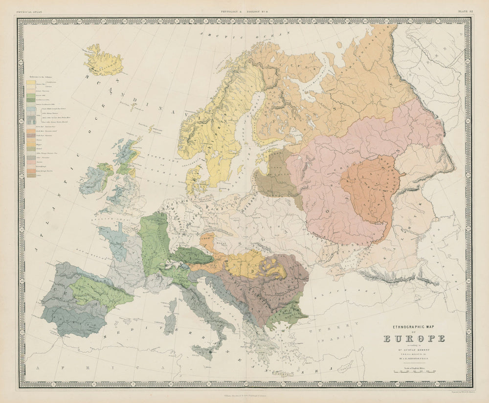 Ethnographic Map of Europe. Ethnicities. JOHNSTON 1856 old antique chart