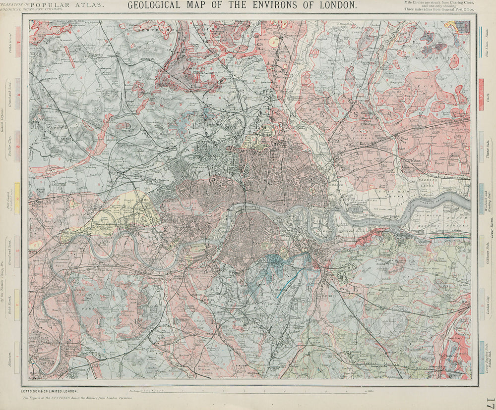 Geological map of the Environs of London. LETTS 1884 old antique chart