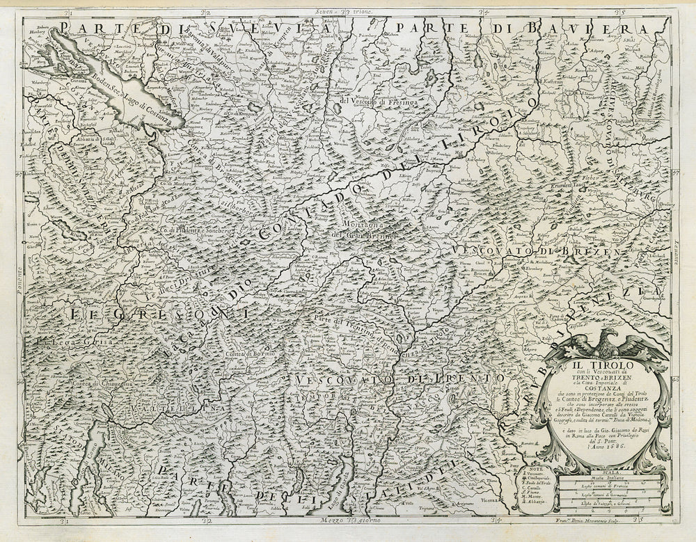 Il Tirolo con li Vescovati di Trento… Tyrol Austrian/Italian Alps ROSSI 1686 map
