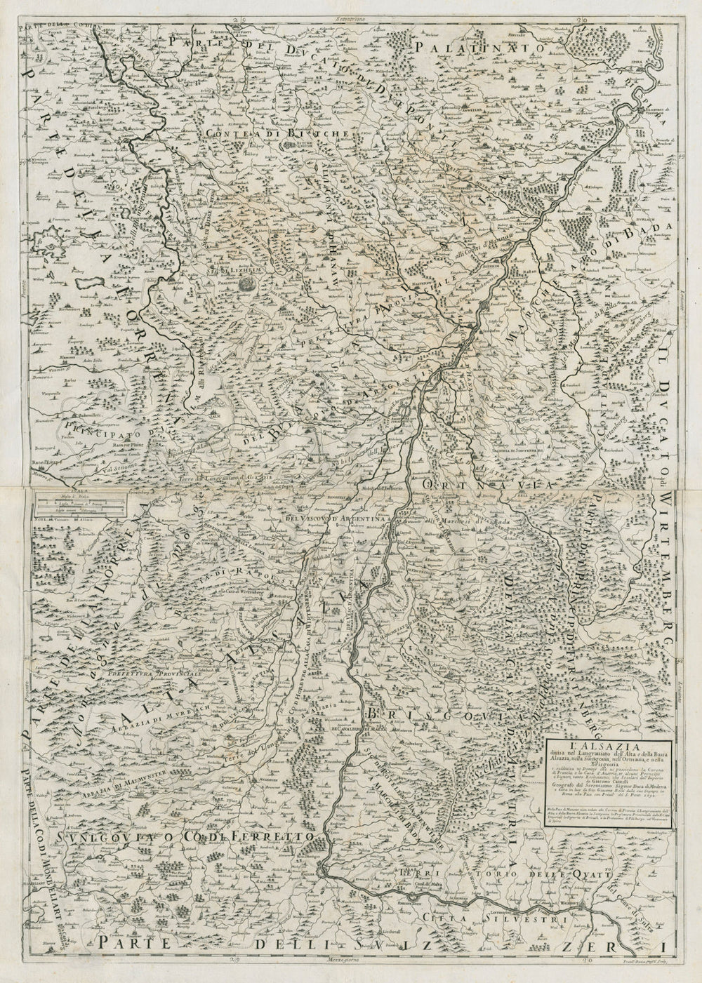 L'Alsazia divisa nel Langraviato… Alsace. Baden-Württemberg west. ROSSI 1690 map