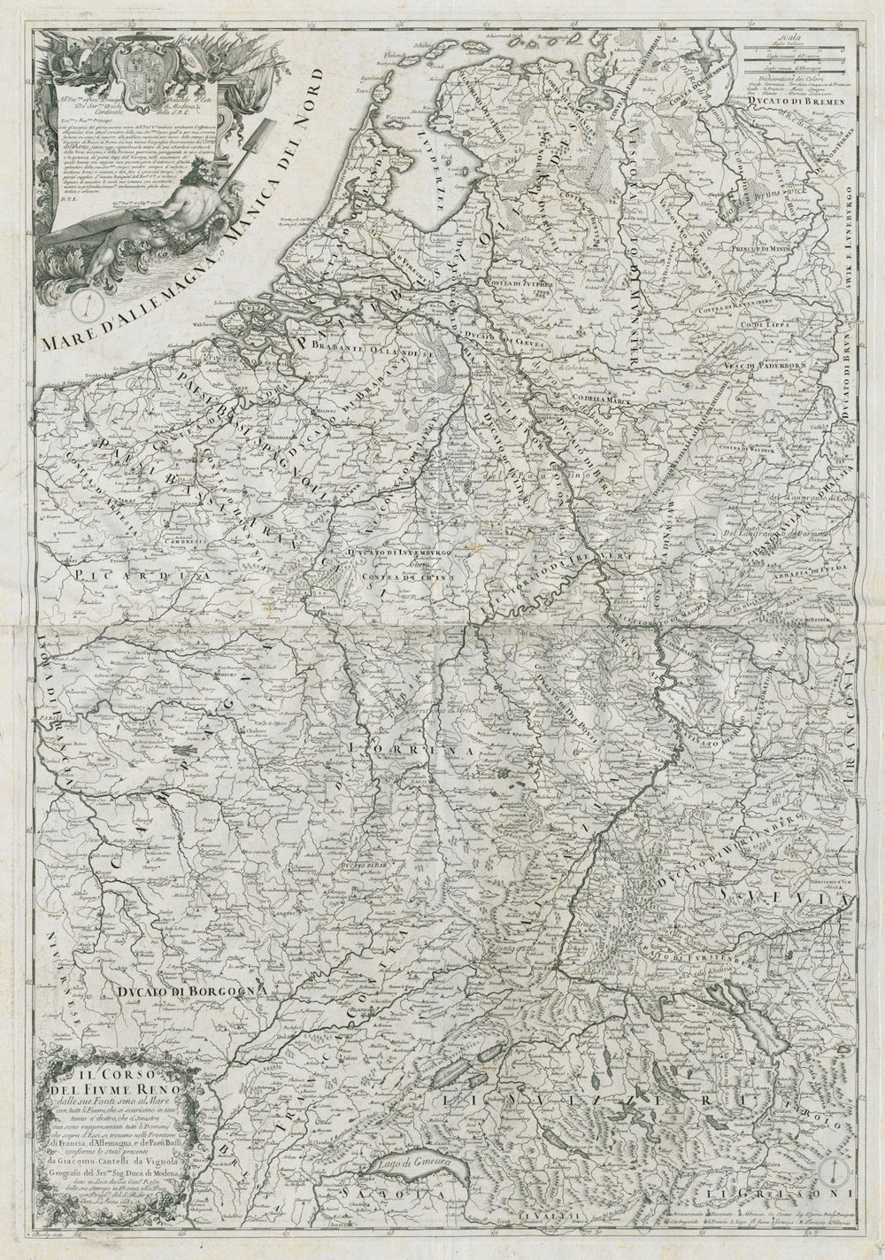 Il Corso del Fiume Reno… The course of the river Rhine. ROSSI /CANTELLI 1689 map