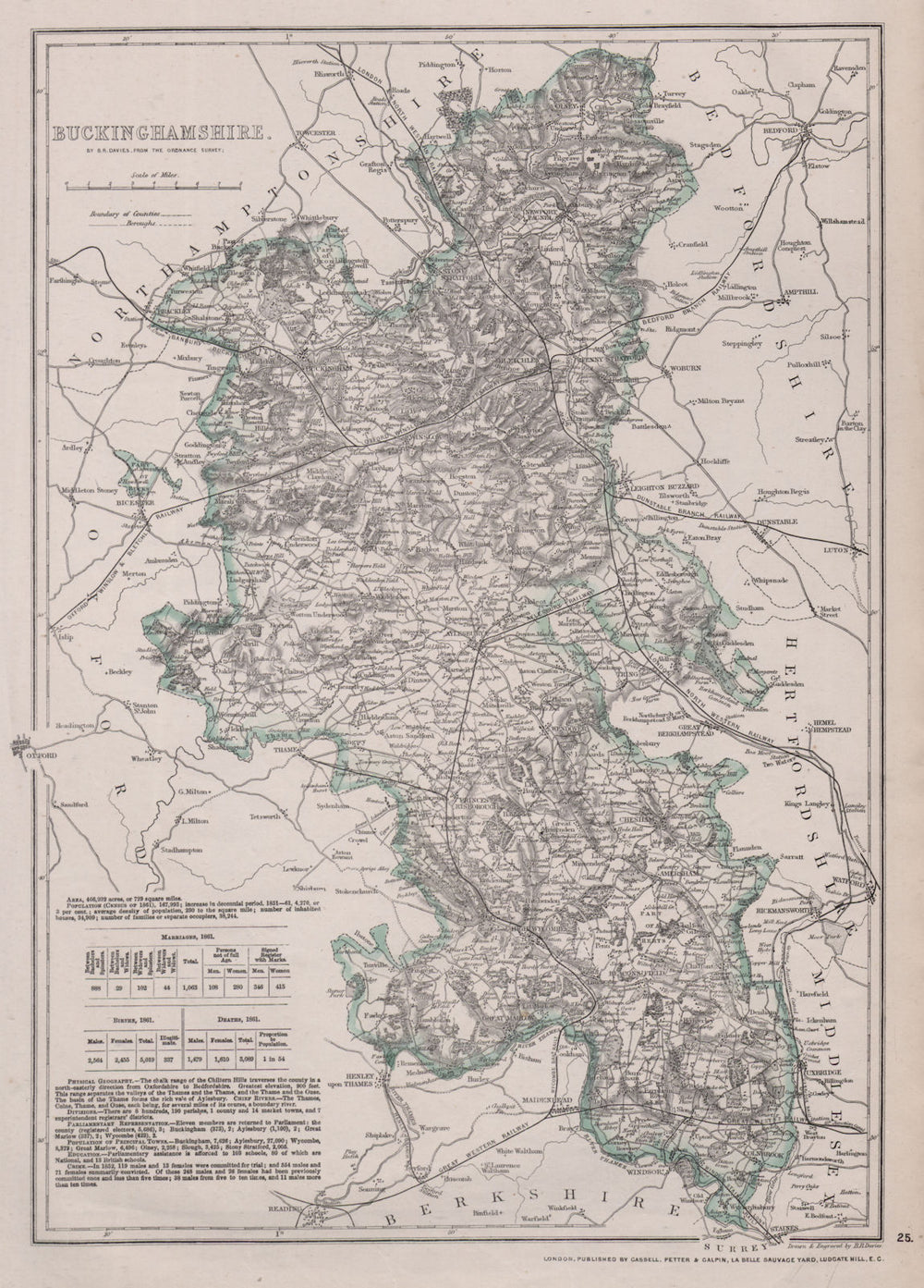 BUCKINGHAMSHIRE. Antique county map. Railways canals. BR DAVIES 1868 old