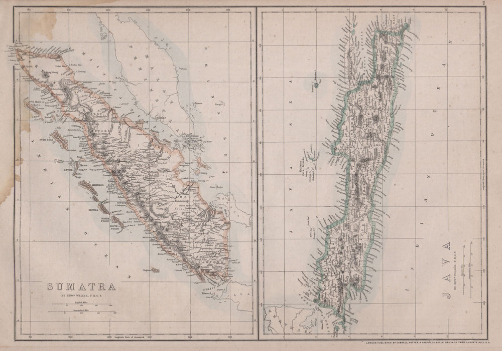 SUMATRA & JAVA. Dutch East Indies. Singapore. Indonesia. WELLER 1868 old map