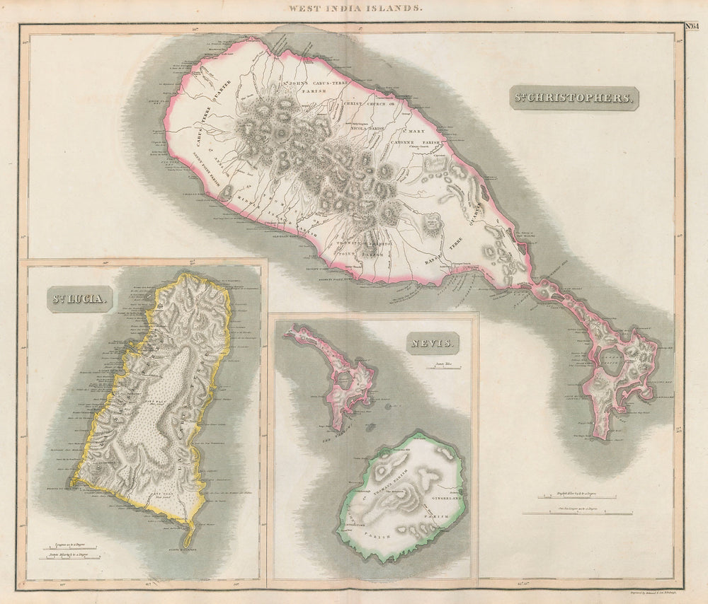 St Lucia, St Christophers & Nevis. St Kitts. West Indies. THOMSON 1817 old map
