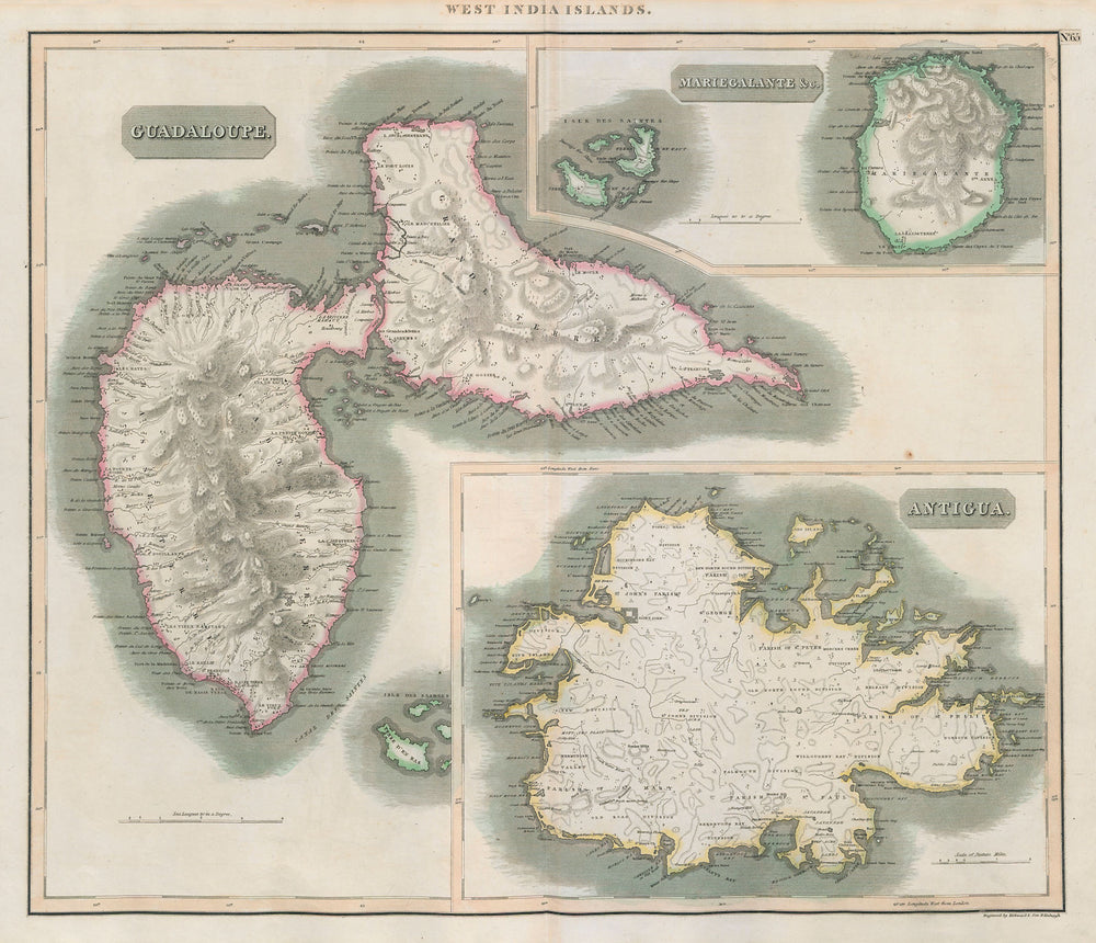 Antigua, Guadeloupe & Marie-Galante. Caribbean West Indies. THOMSON 1817 map