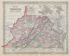 Colton's Virginia & West Virginia. Antique state map. Richmond Norfolk 1869