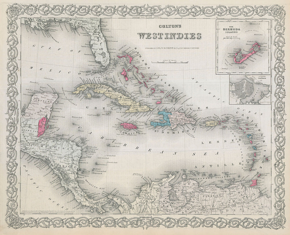 Colton's West Indies. Bermuda & Havana. Caribbean Antilles 1869 old map