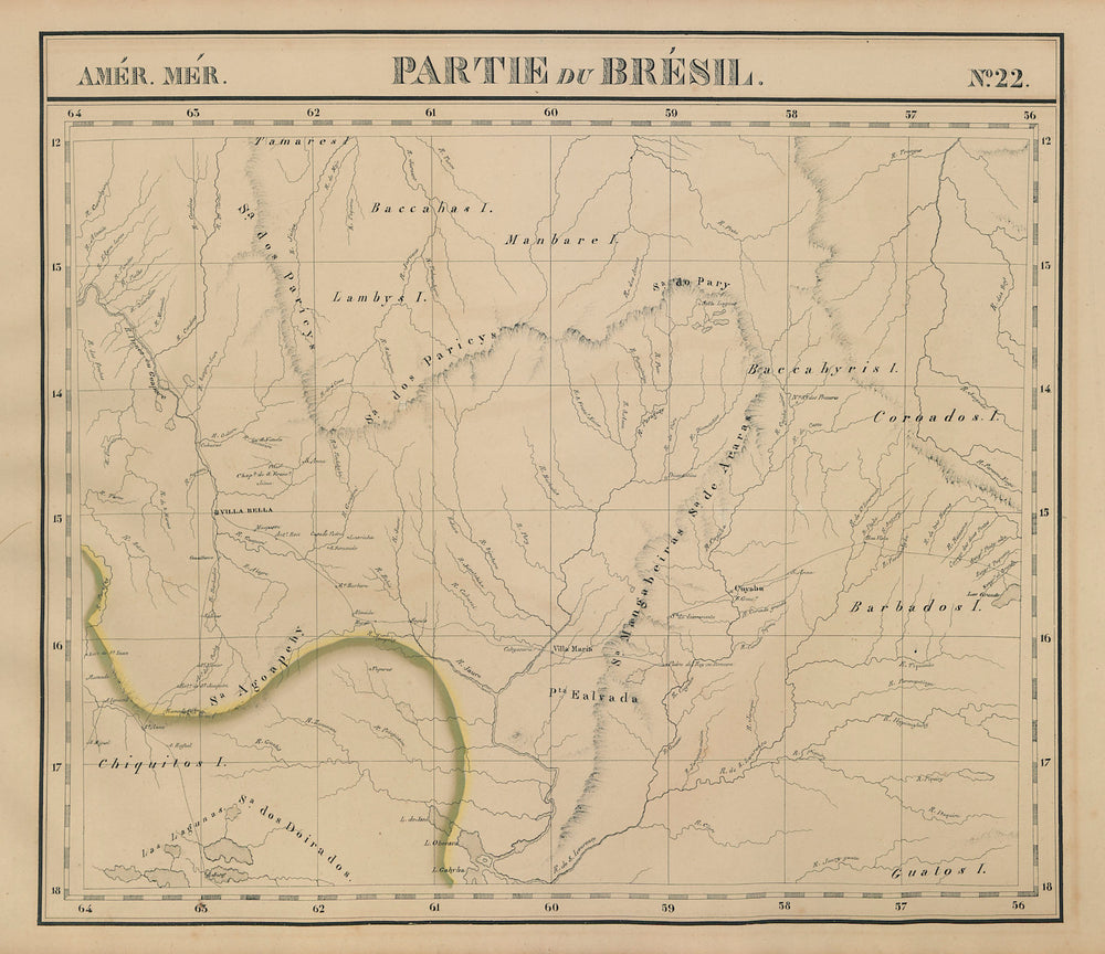 Amér. Mér. Brésil #22. Eastern Bolivia & SW Brazil. RO MT. VANDERMAELEN 1827 map