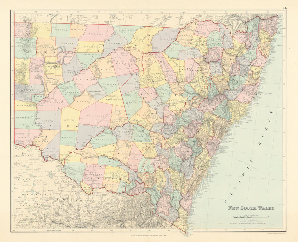 New South Wales showing counties & railways. 53x65cm. STANFORD 1887 old map