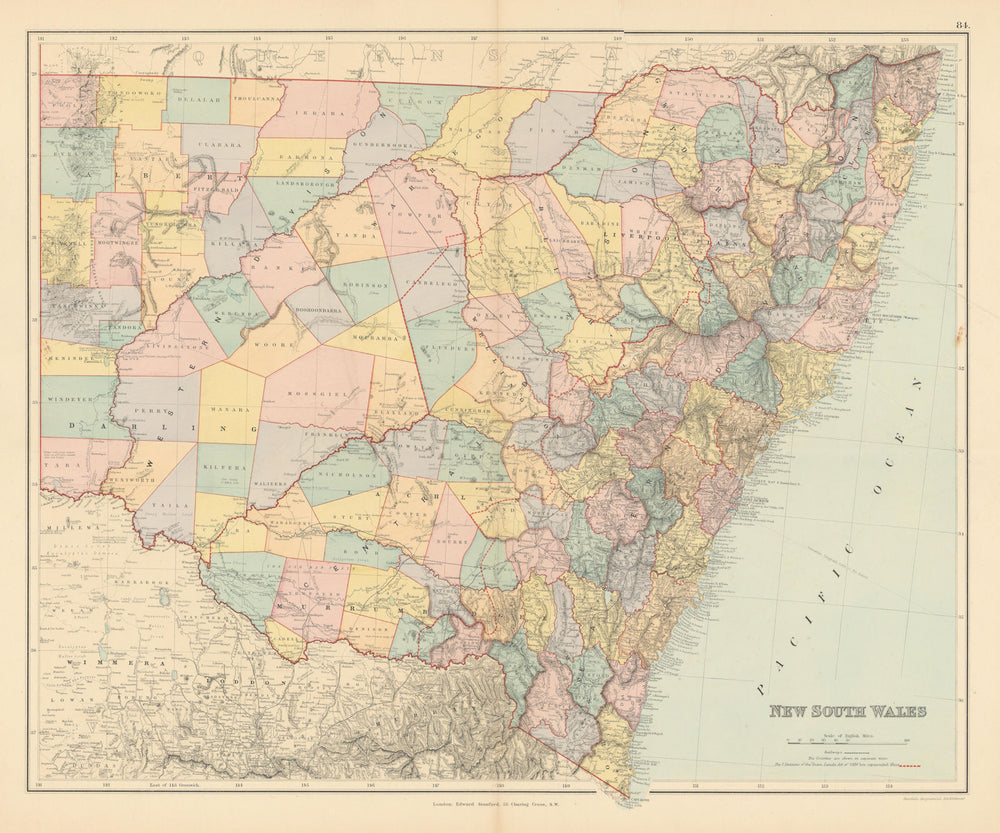 New South Wales showing counties & railways. 53x64cm. STANFORD 1887 old map