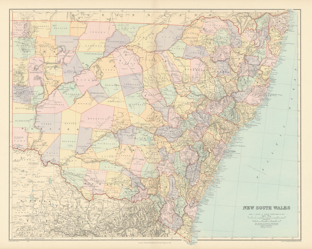 New South Wales showing counties & railways. 55x68cm. STANFORD 1904 old map