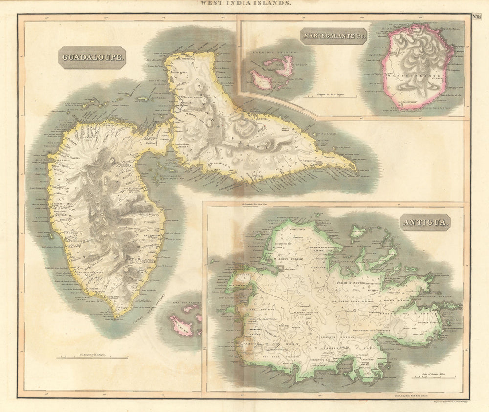 Antigua, Guadeloupe & Marie-Galante. West Indies Caribbean. THOMSON 1817 map