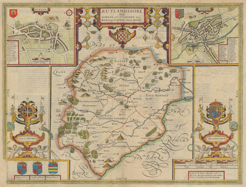Rutlandshire county map by John Speed. Roger Rae edition 1662 old antique