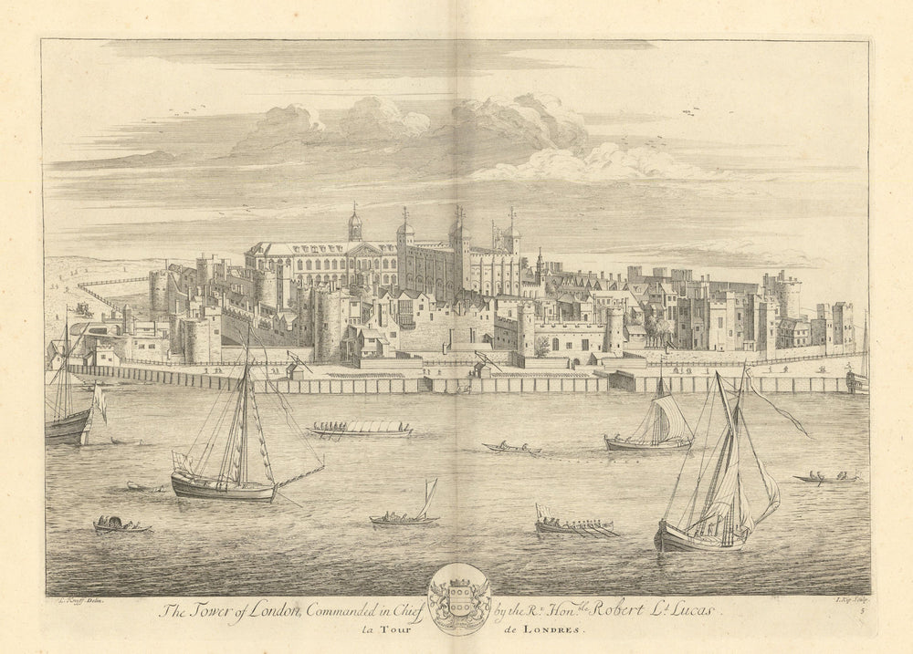 The Tower of London by Kip & Knyff. La Tour de Londres 1709 old antique print