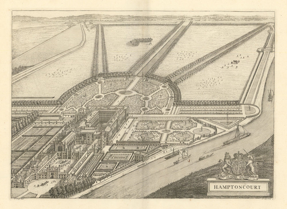 Hampton Court Palace & Home Park by Kip & Knyff. Thames Ditton 1709 old print