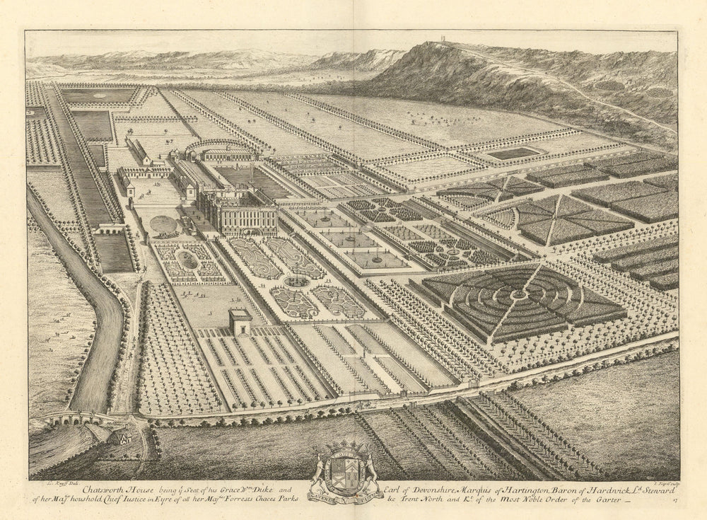Chatsworth House, Derbyshire Dales, by Kip & Knyff. Peak District 1709 print