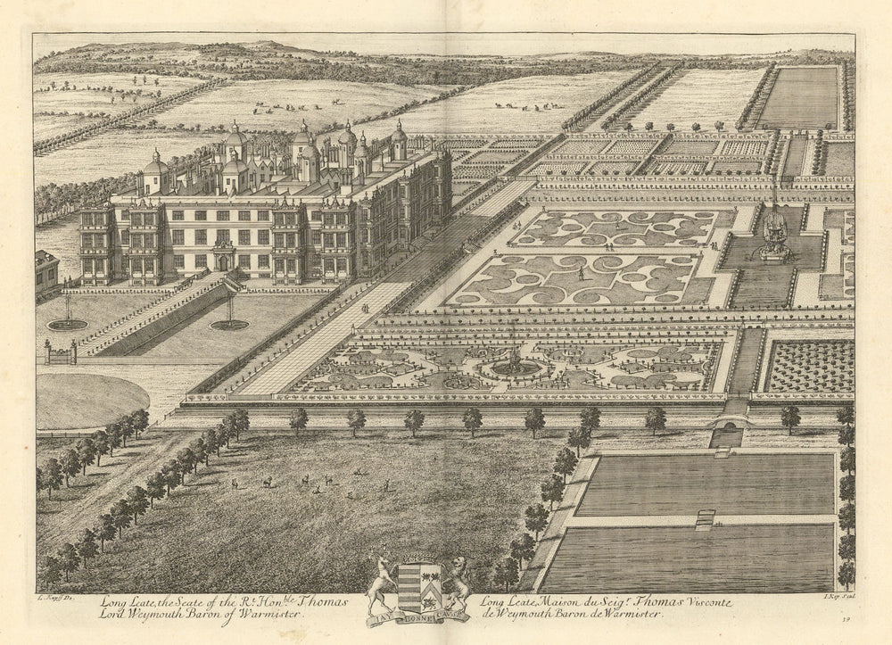 Longleat House, Wiltshire by Kip & Knyff. "Long Leate, the Seate…"  1709 print