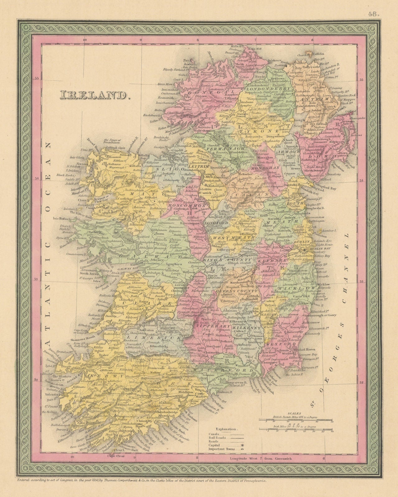 Ireland Counties Canals THOMAS COWPERTHWAIT 1852 Old Antique Map ireland-counties-canals-thomas-cowperthwait-1852-old-antique-map