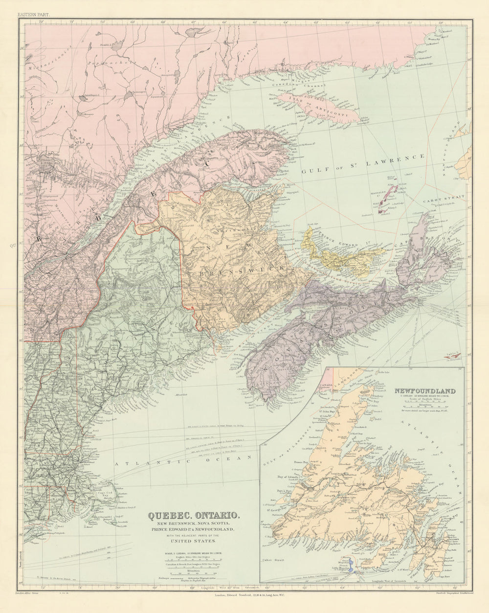 Canada Maritime Provinces. Quebec New Brunswick Maine PEI. STANFORD 1904 map