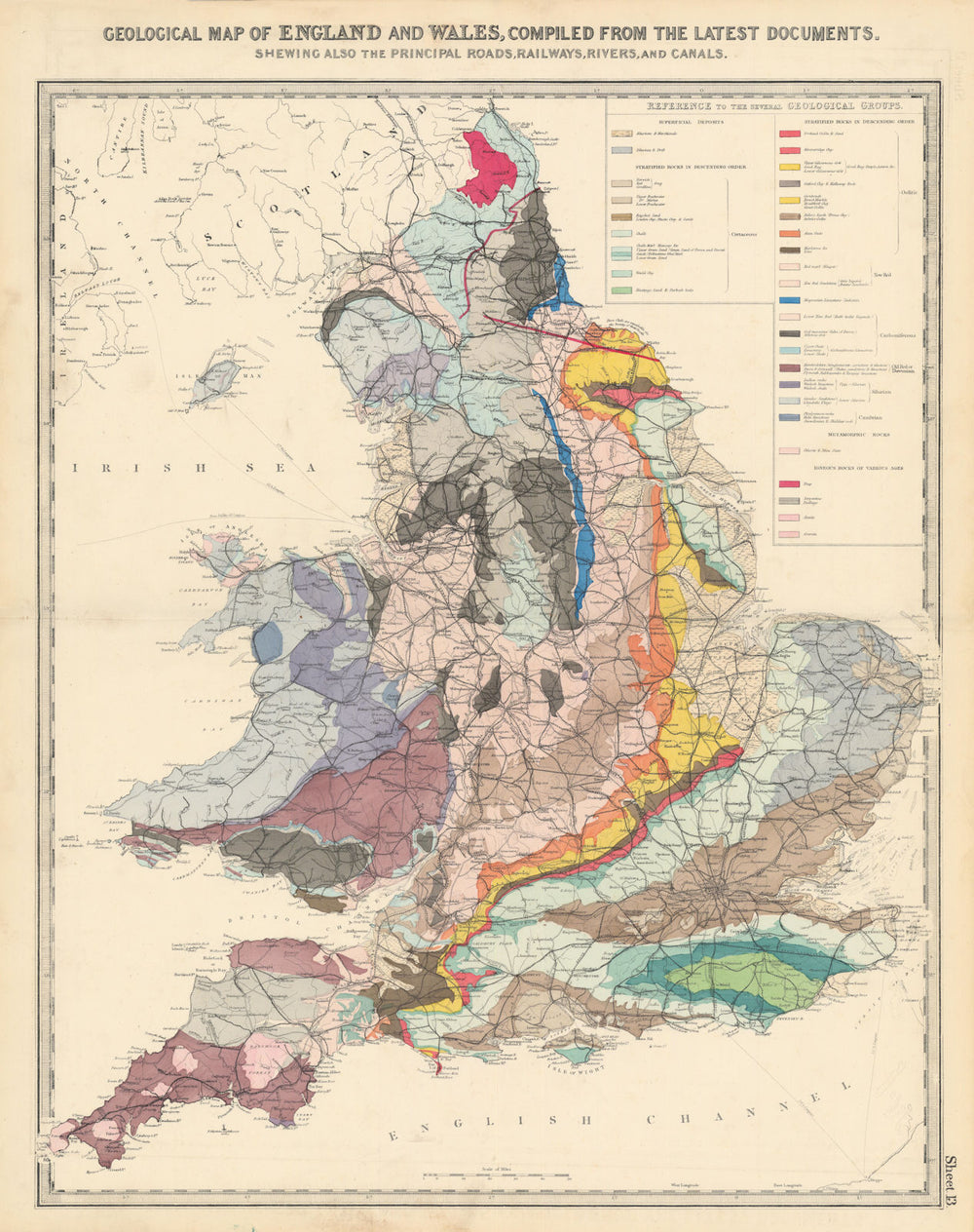 Geological map of England and Wales, by GW Bacon 1883 old antique chart