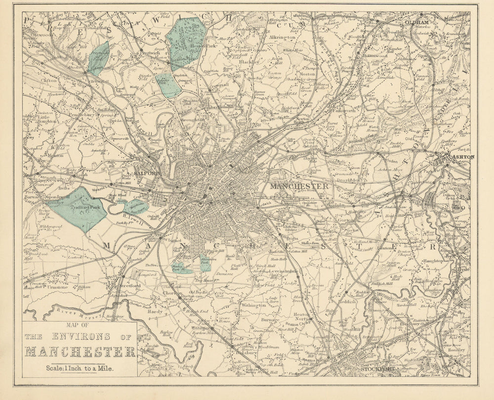 MANCHESTER & environs Stockport Ashton Salford antique map by GW BACON 1883