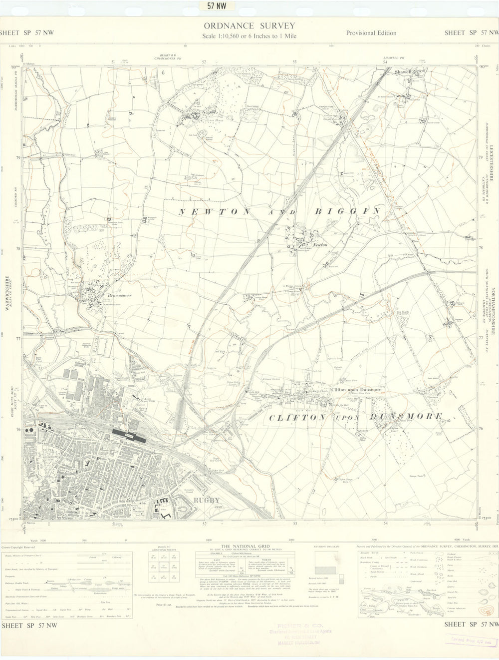 Ordnance Survey SP57NW Warwickshire Rugby Clifton upon Dunsmore Newton 1955 map