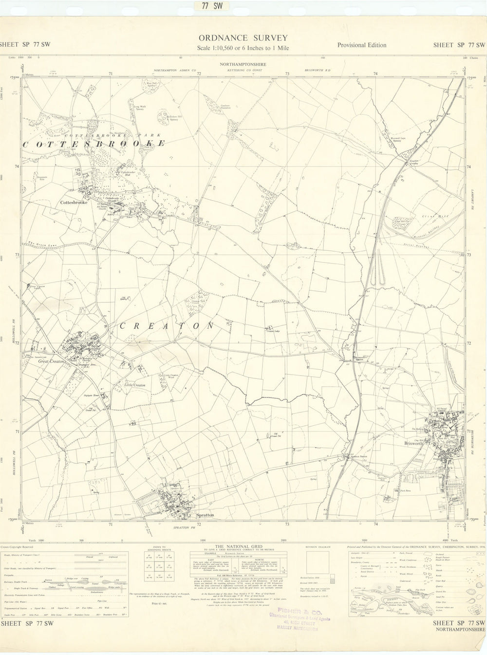 Ordnance Survey SP77SW Northants Brixworth Spratton Creaton Cottesbroke 1958 map