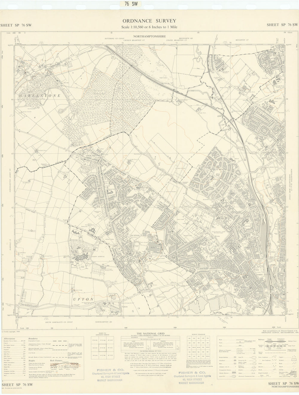 Ordnance Survey SP76SW Northampton NW Kings Heath Duston Harlestone 1969 map