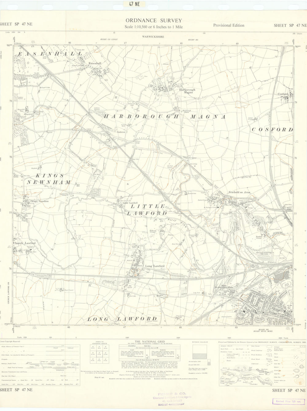 Ordnance Survey SP47NE Warks Rugby Newbold/Avon Long Lawford Harborough 1955 map
