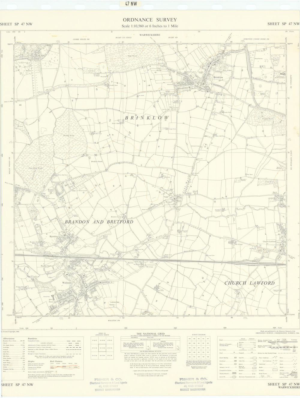Ordnance Survey SP47NW Warks Wolston Brinklow Brandon Church Lawford 1966 map