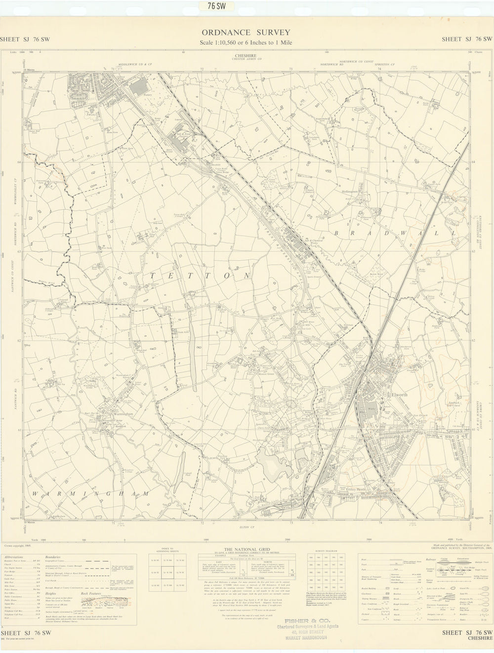 Ordnance Survey Sheet SJ76SW Cheshire Elworth Middlewich Warmingham 1969 map