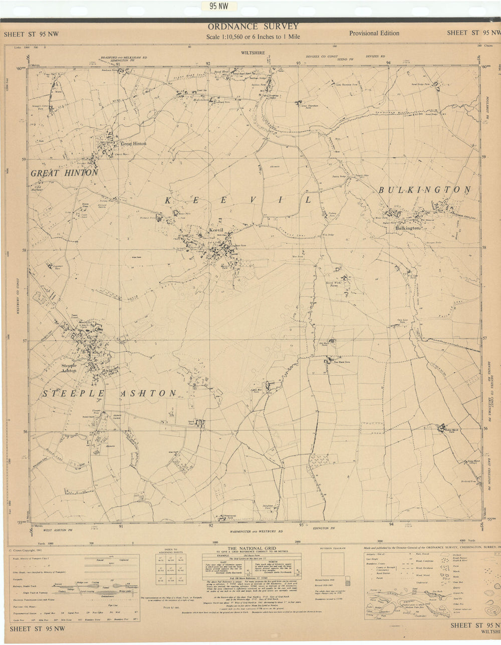 Ordnance Survey ST95NW Wiltshire Steeple Ashton Keevil Great Hinton 1961 map