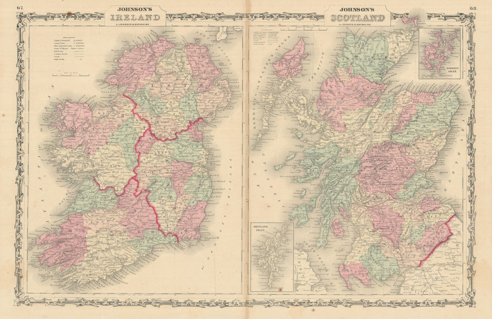 Johnson's Ireland & Johnson's Scotland showing counties/provinces 1861 old map