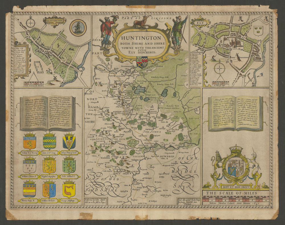 Huntington. Huntingdonshire county map by John Speed. George Humble edition 1611