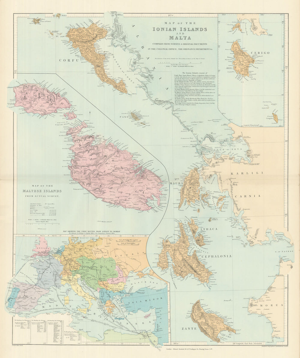 Ionian Islands & Malta. Corfu Zante Kefalonia Kythira Lefkada. STANFORD 1894 map