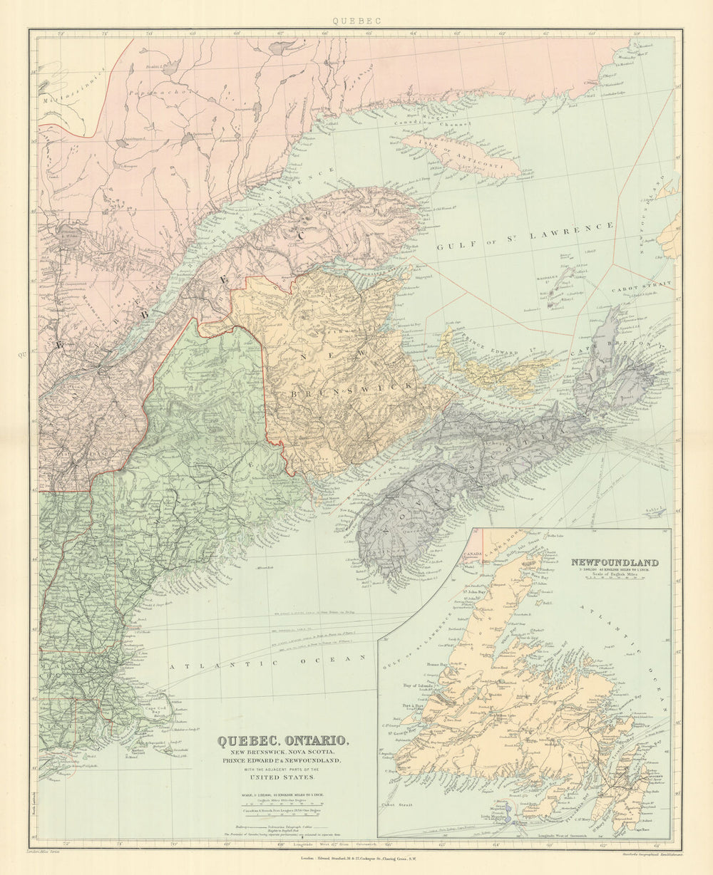 Canada Maritime Provinces. Quebec New Brunswick Maine PEI. STANFORD 1894 map