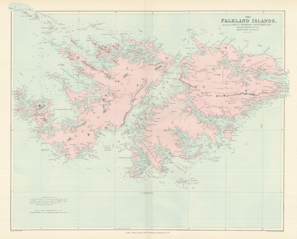 The Falkland Islands surveyed by Captain Robert Fitzroy. STANFORD 1894 old map