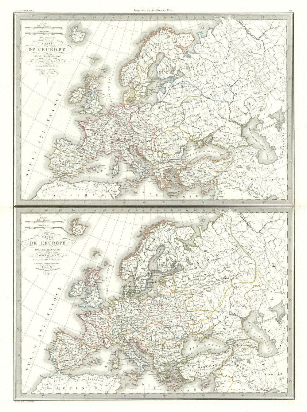 Carte de l'Europe sous Charlemagne (800) & Charles V (1500). LAPIE 1831 map
