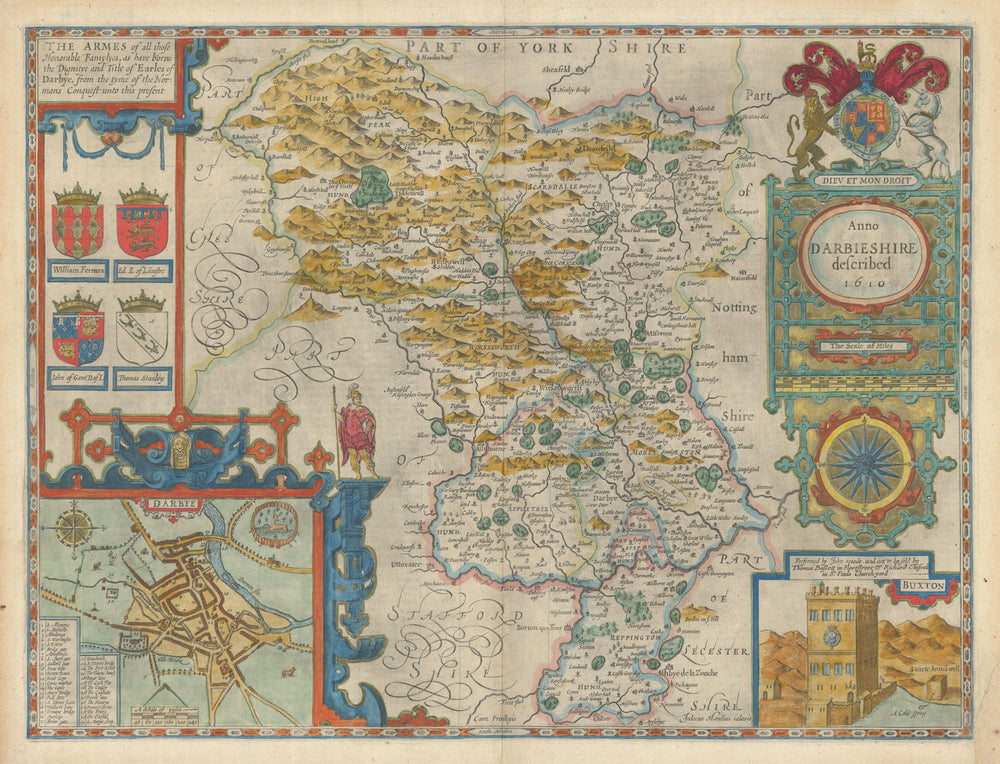 Darbieshire. Derbyshire county map by John Speed. Bassett/Chiswell edition 1676