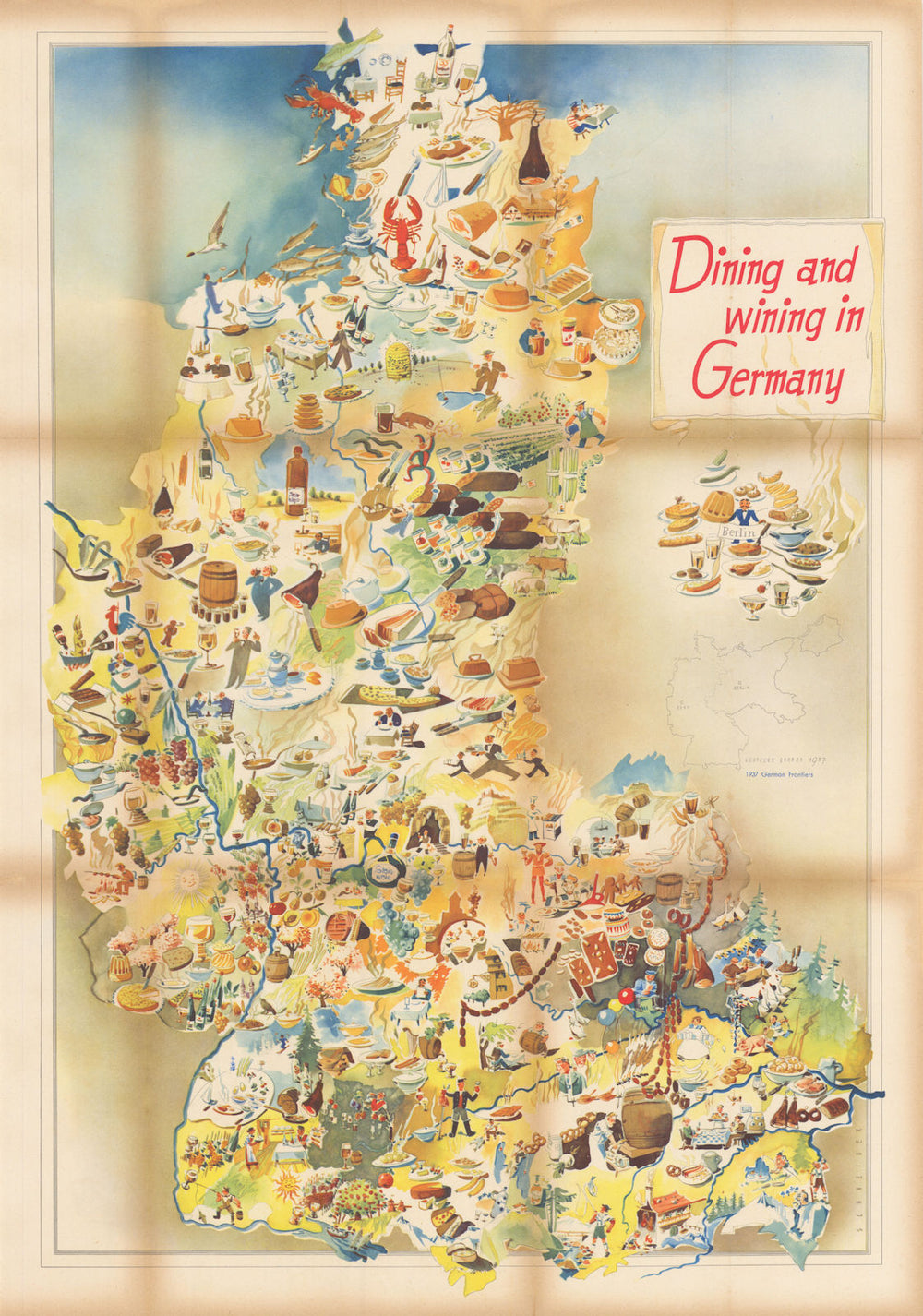 Dining & Wining in Germany. Gastronomic tourist pictorial poster map 1953