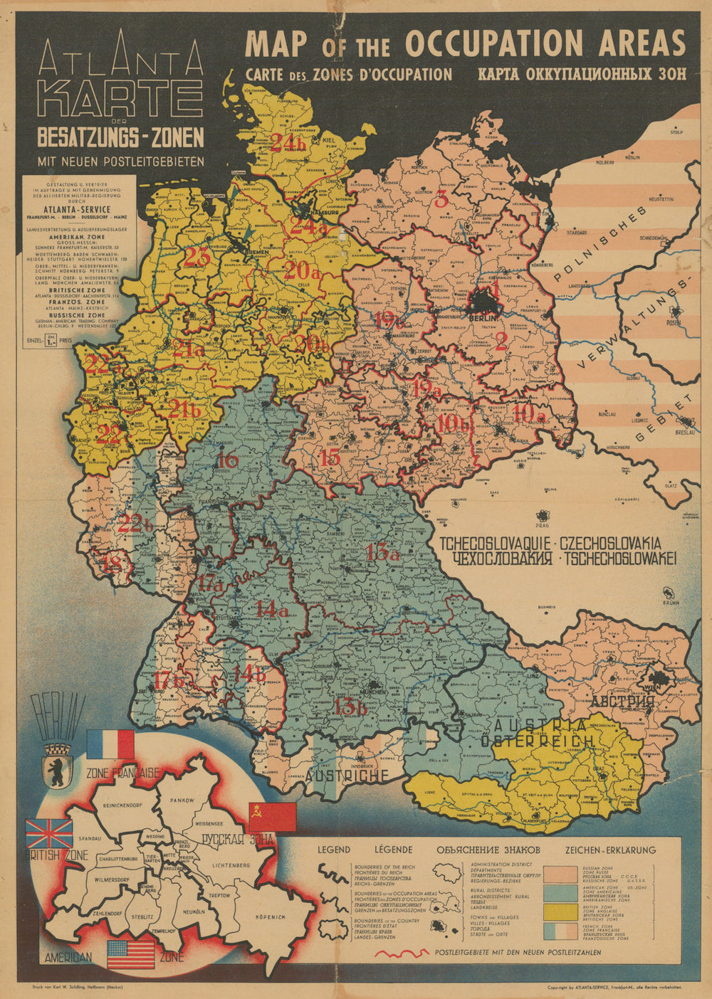 Atlanta Karte der Besatzungs-Zonen. Map of the Occupation Areas of Germany 1946
