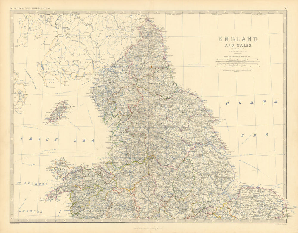 England and Wales (Northern Sheet). UK. 50x60cm. JOHNSTON 1876 old antique map