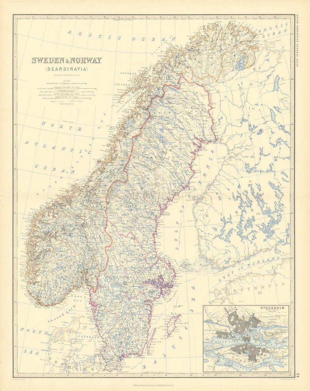 Sweden & Norway (Scandinavia). Stockholm. 50x60cm. JOHNSTON 1876 old map