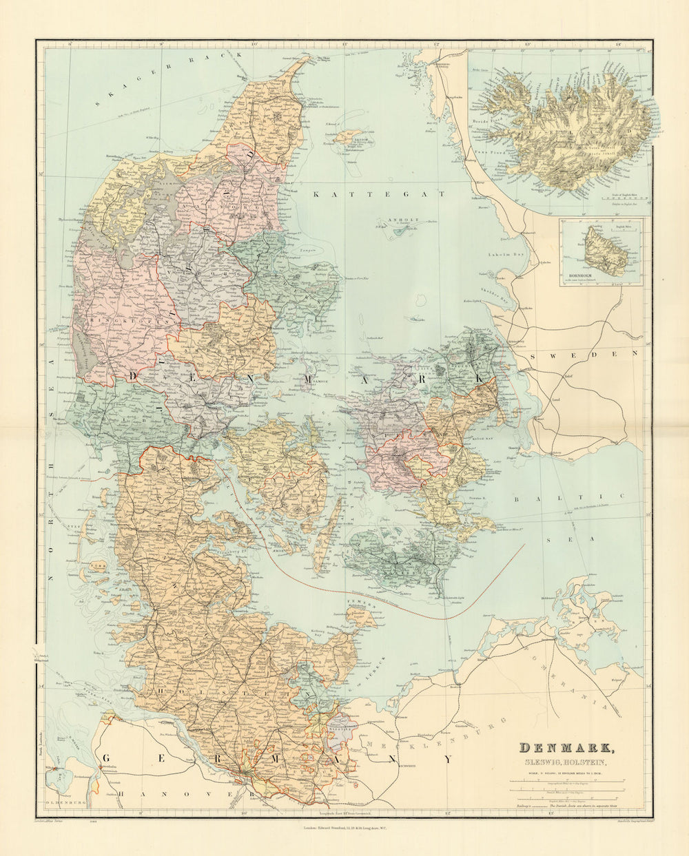 Denmark, Schleswig & Holstein. Iceland Bornholm. Large 66x52cm STANFORD 1904 map