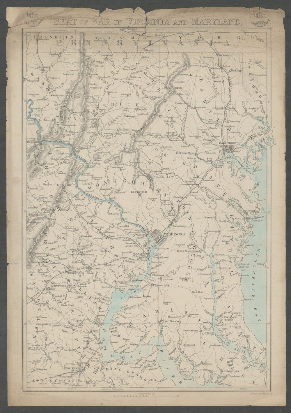 US CIVIL WAR Seat of War in Virginia & Maryland. DC Baltimore. WELLER 1863 map