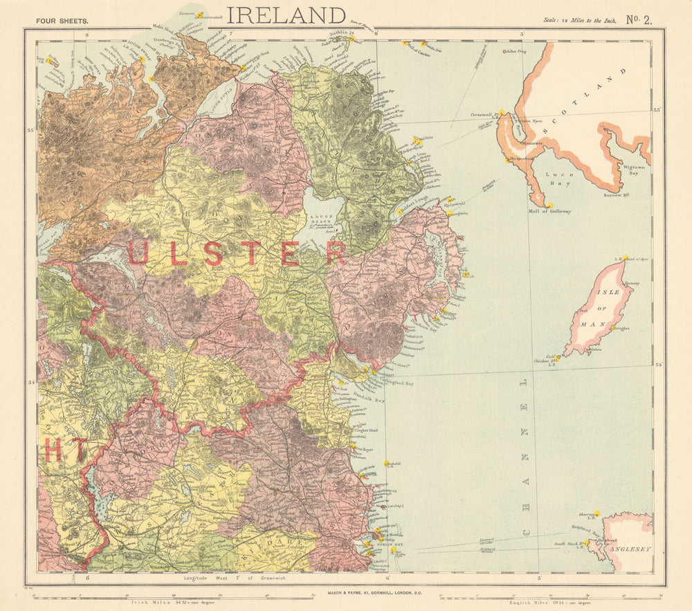 NE IRELAND. Lighthouses. Lifeboat stations. Round towers. Ulster. LETTS 1892 map
