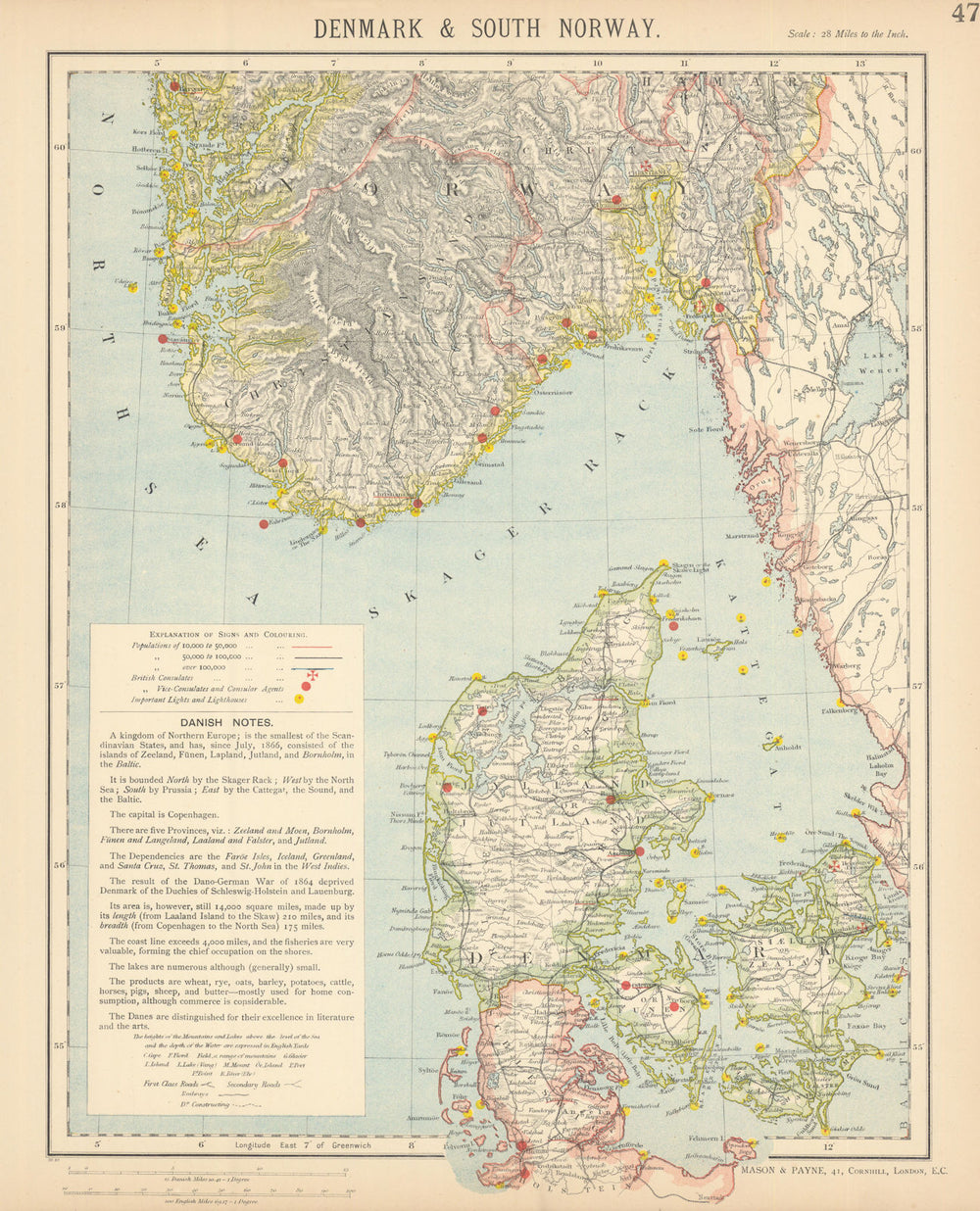 SCANDINAVIA. Denmark & Southern Norway. Lighthouses Railways. LETTS 1892 map