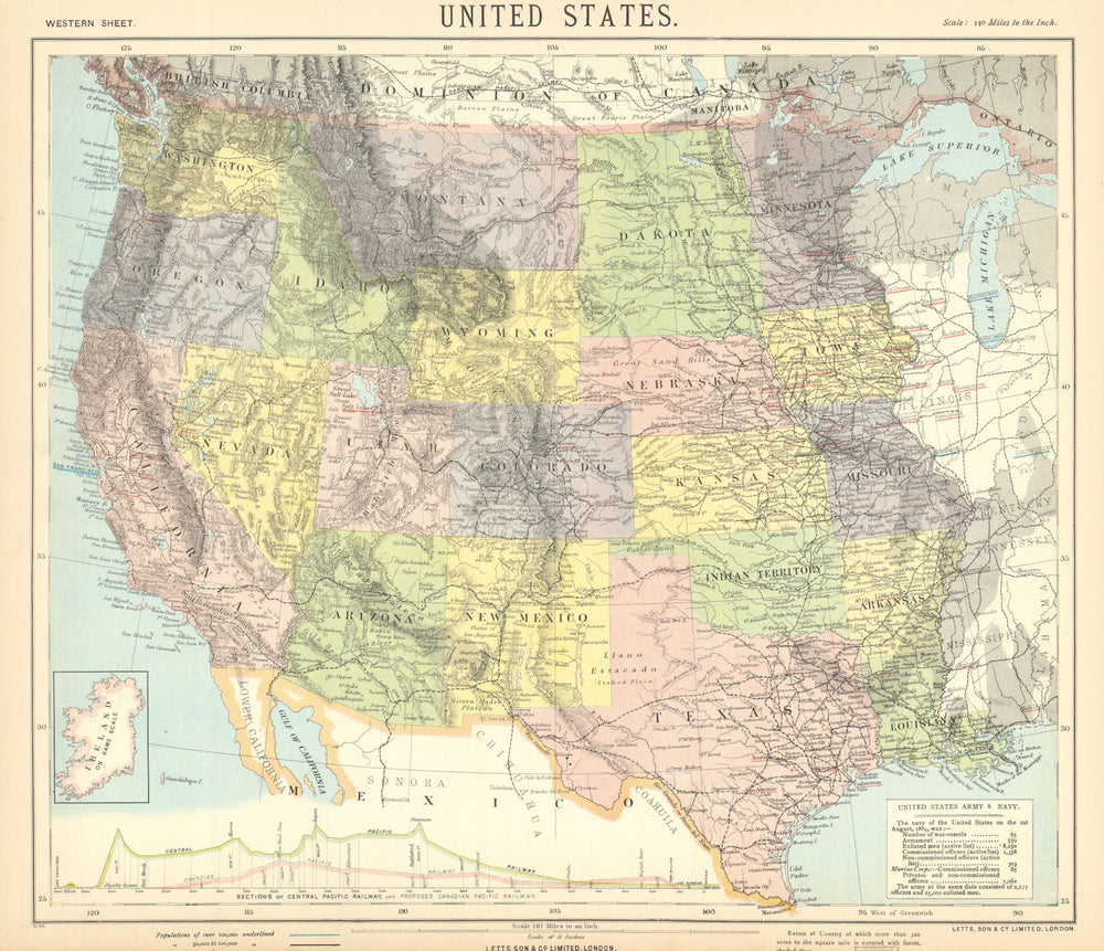 WESTERN USA. Central & Canadian Pacific Railroad section. LETTS 1892 old map