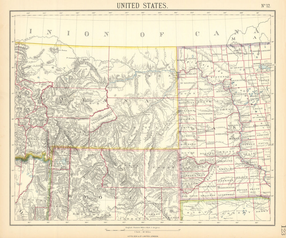 ROCKY MOUNTAINS. Montana Wyoming. Dakota Territory. LETTS 1892 old antique map
